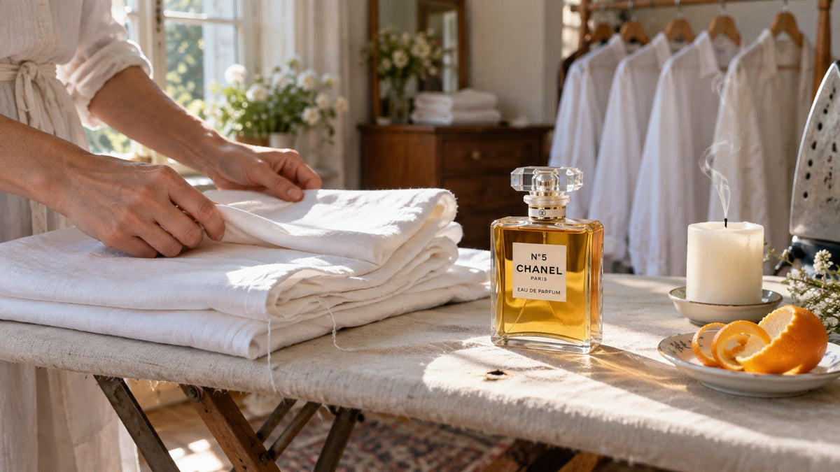 Chanel N°5 na žehlicím prkně s čistým prádlem a pomerančovou kůrou
