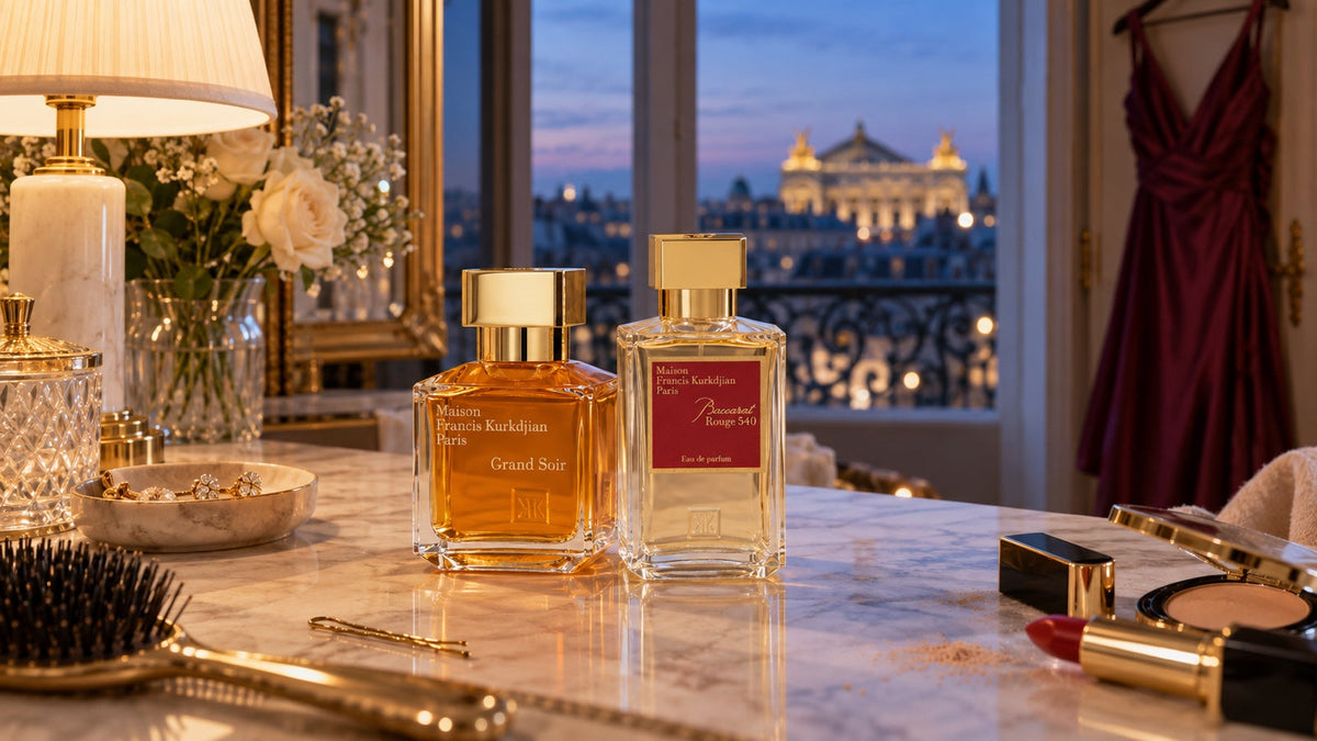 Grand Soir a Baccarat Rouge 540 na toaletním stolku večer v Paříži