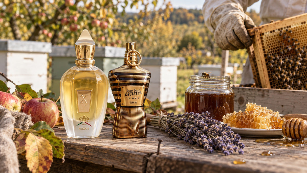 Xerjoff Naxos a Le Male Elixir u včelaře s plástem medu a levandulí