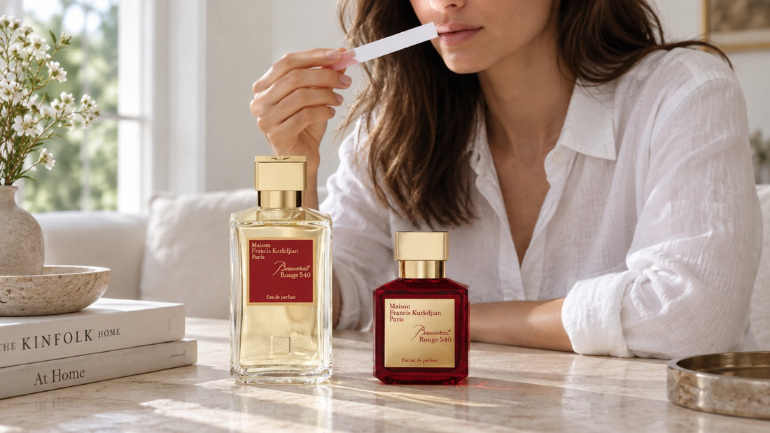 Flakóny Baccarat Rouge 540 Eau de Parfum a Extrait de Parfum v jemnom prirodzenom svetle.