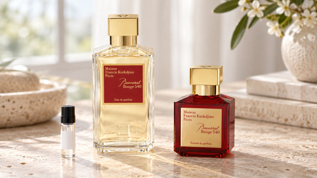 Flakony Baccarat Rouge 540 Eau de Parfum a Extrait de Parfum v jemném přirozeném světle.