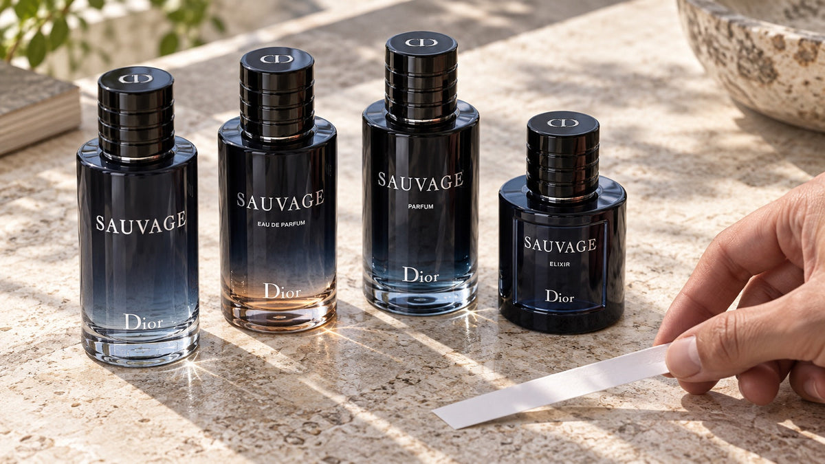 Cztery flakony Dior Sauvage: Eau de Toilette, Eau de Parfum, Parfum i Elixir w świetle dziennym.