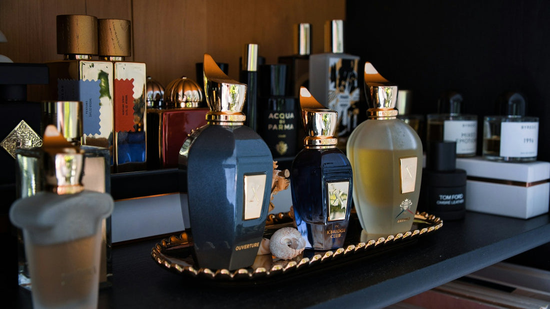 Sammlung verschiedener Nischenparfums in einem Holzschrank