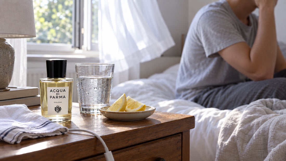 Acqua di Parma Colonia na nočním stolku se sklenicí vody u otevřeného okna