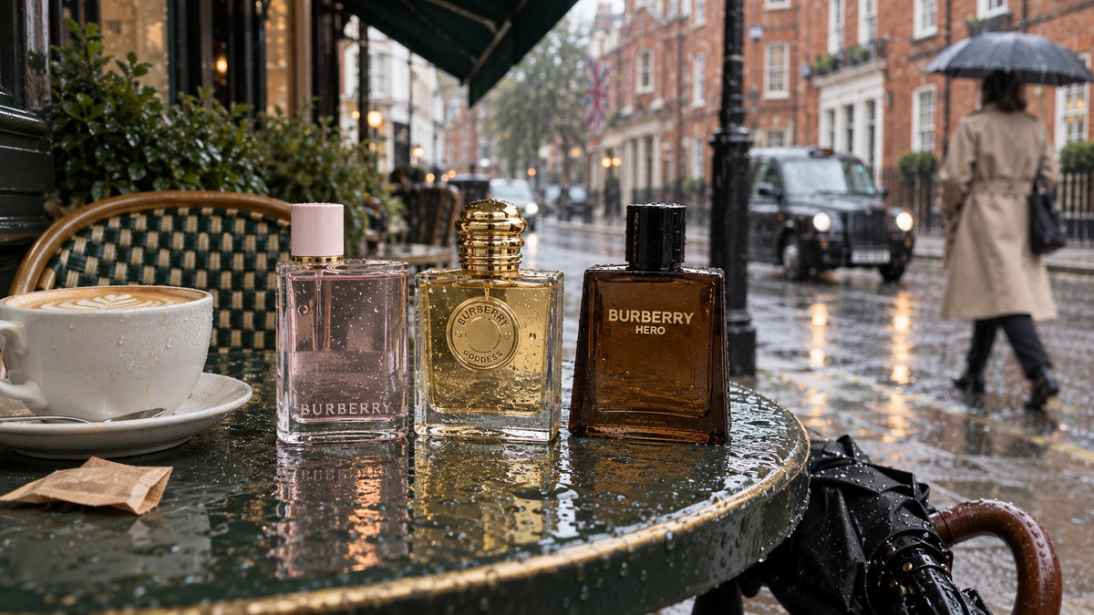 Burberry Her, Goddess a Hero na kavárenském stolku v deštivém Londýně