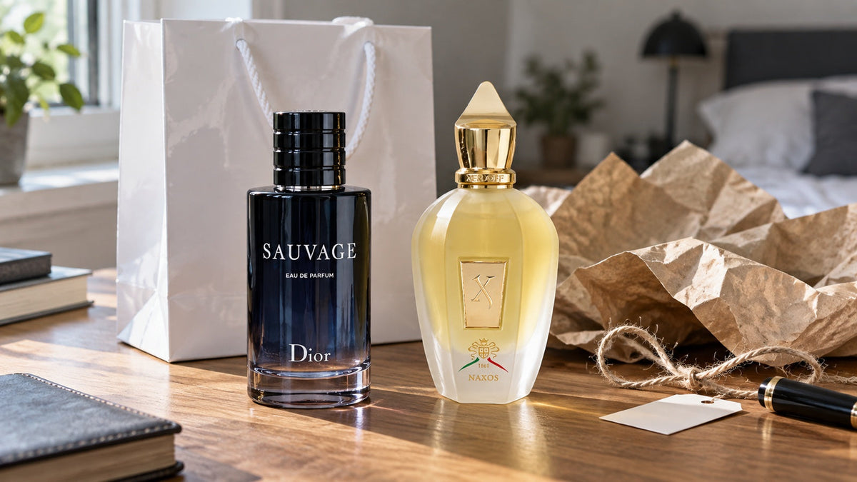 Dior Sauvage a Xerjoff Naxos vedle sebe, designerský a niche parfém