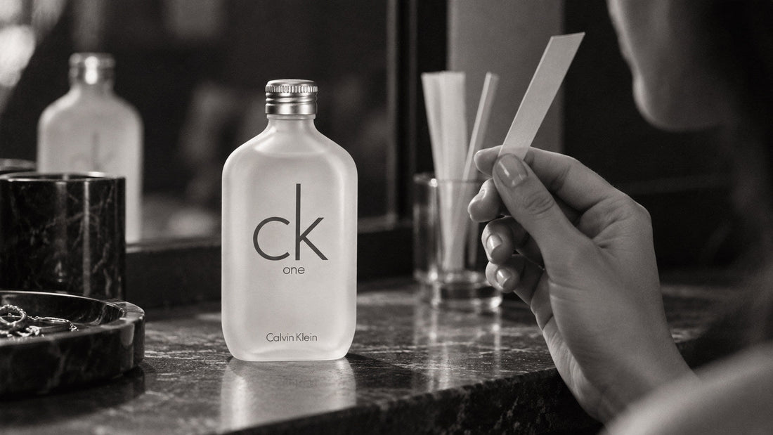 Černobílá fotografie CK One a vonného testovacího proužku