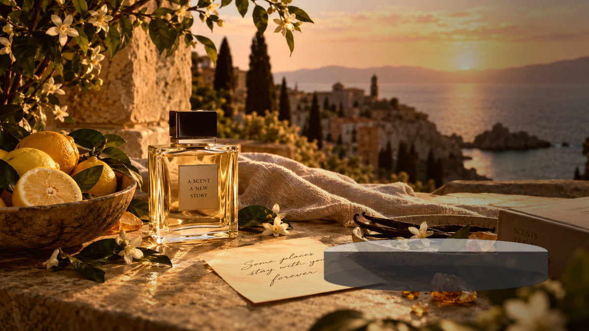 Flacon real de parfum într-un decor ușor de vară cu citrice și mare