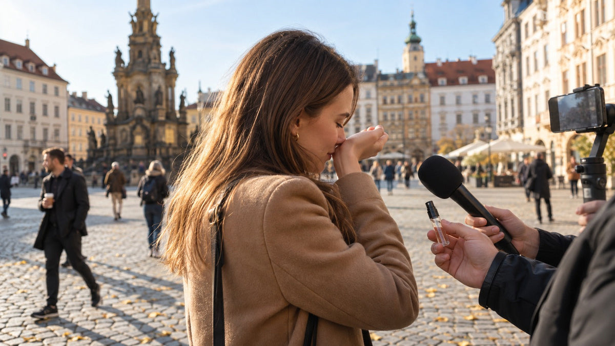 Pouliční anketa MrRizz na Horním náměstí v Olomouci, žena voní ke vzorku parfému.