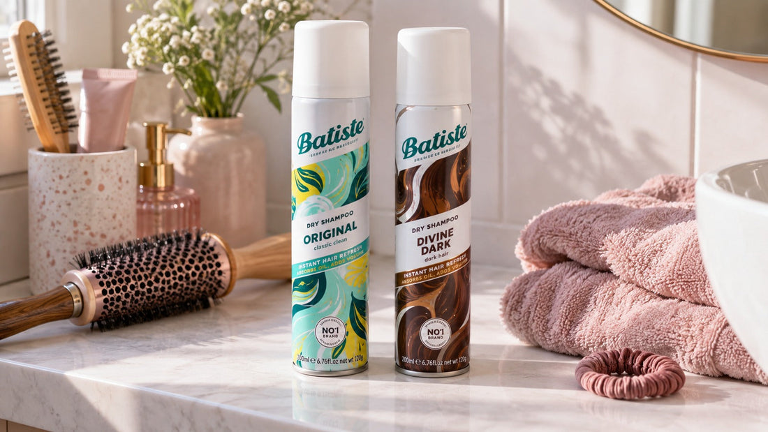 Suchý šampon a kartáč na vlasy na koupelnové poličce