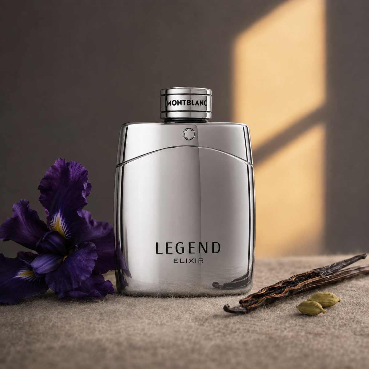 Montblanc Legend Elixir v elegantním stříbrném zátiší s kosatcem a vanilkou – MrRizz