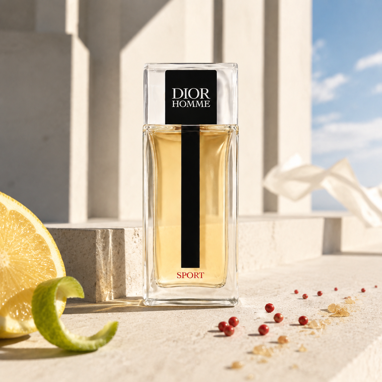 Emocionální vizuál parfému Dior Homme Sport v prosluněné bílé architektuře – MrRizz