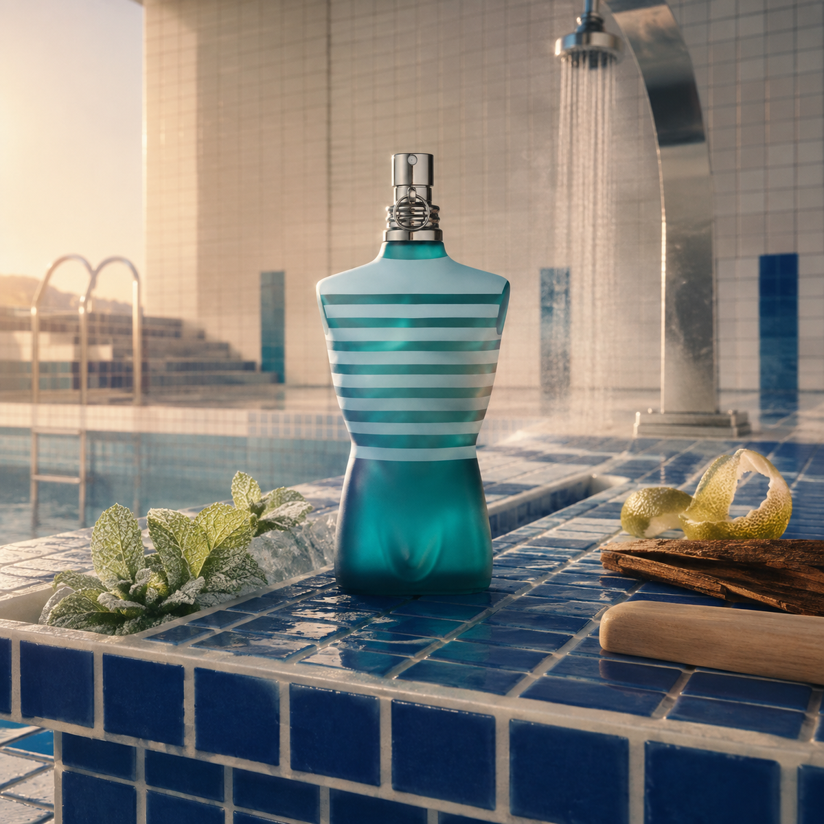 Jean Paul Gaultier Le Male EDT na modrých dlaždicích u bazénu s mátou a citrusovou kůrou – MrRizz