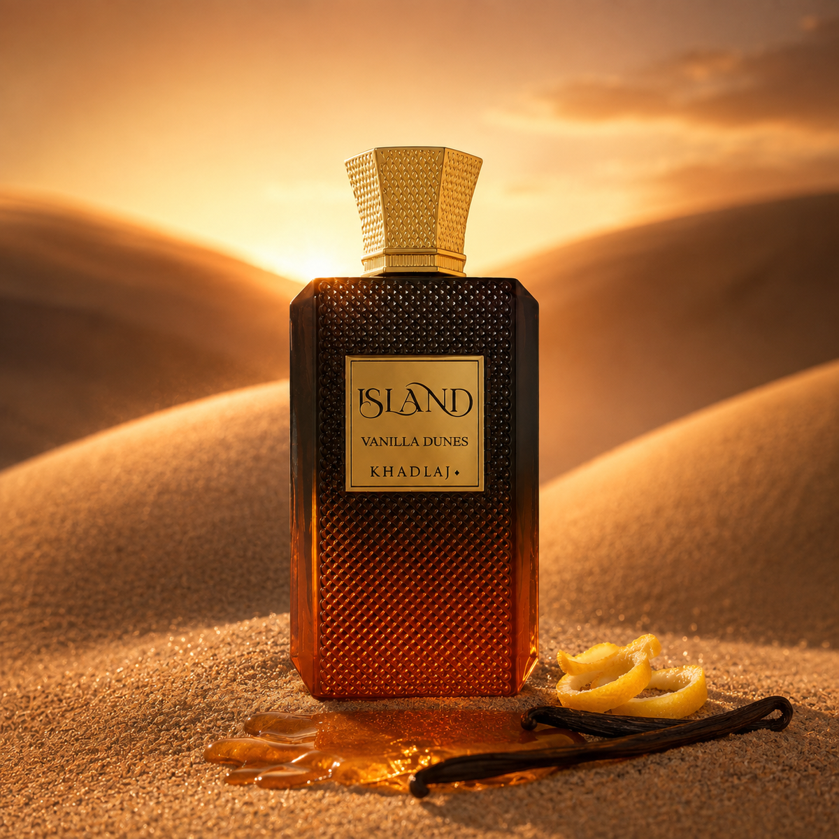 Khadlaj Island Vanilla Dunes v emocionální pouštní scéně s vanilkou a zlatým západem – MrRizz