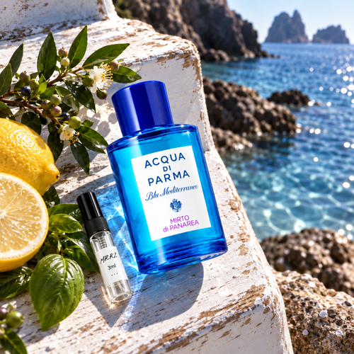 Acqua di Parma Mirto di Panarea – původní prostředí s lahvičkou vzorku MrRizz