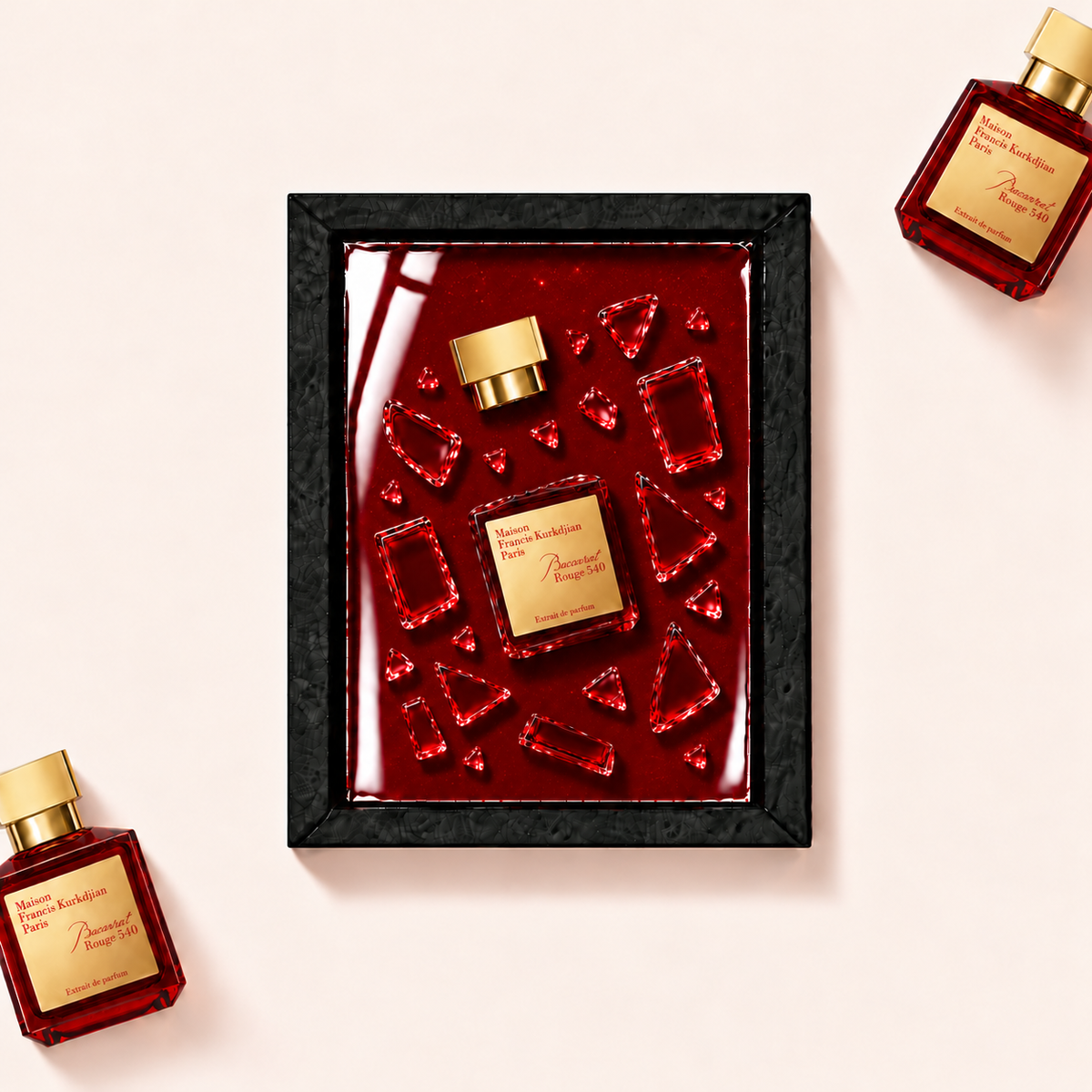 Parfemovy obraz Maison Francis Kurkdjian Baccarat Rouge 540 Extrait v cernem ramu - ilustracni fotografie