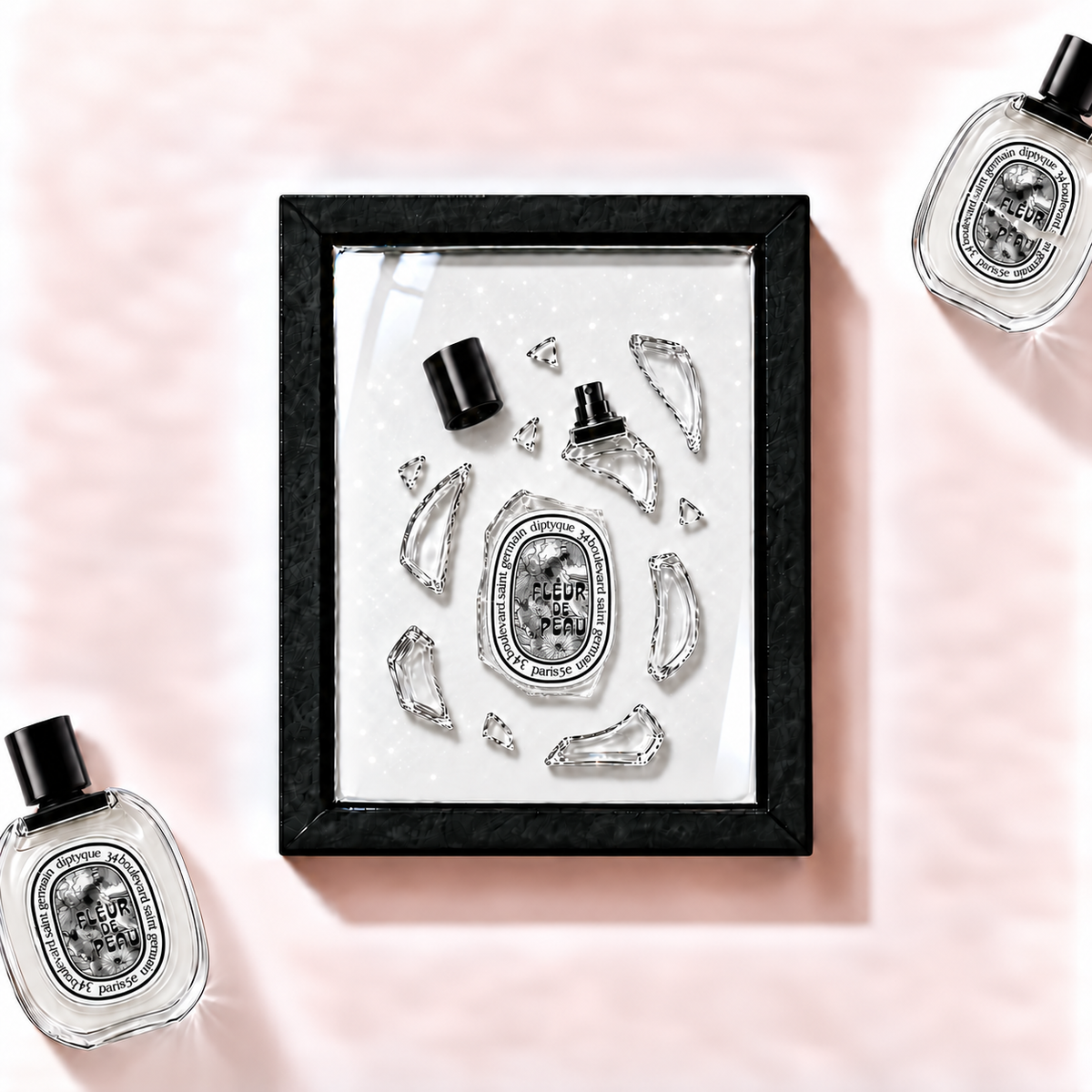 Parfemovy obraz Fleur de Peau Eau de Toilette Diptyque v cernem ramu - ilustracni fotografie