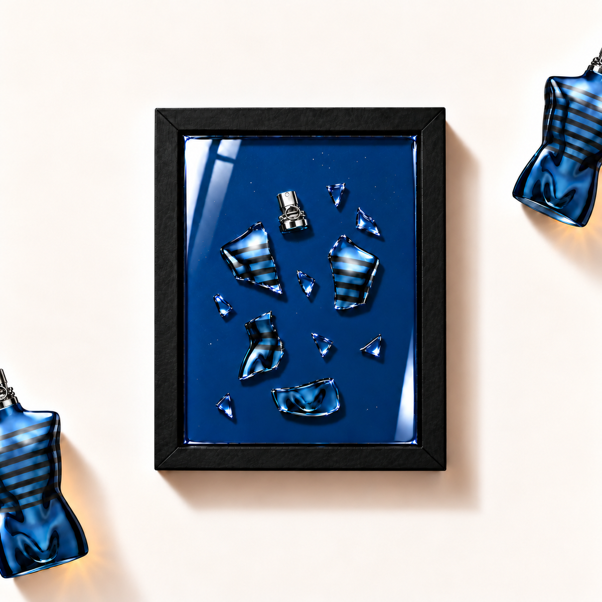 Parfemovy obraz Jean Paul Gaultier Le Male In Blue v cernem ramu - ilustracni fotografie
