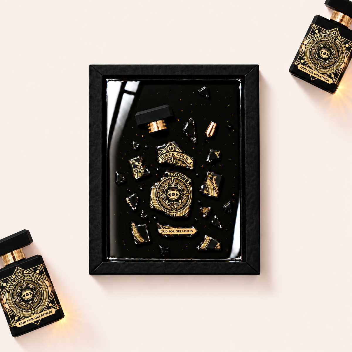 Parfemovy obraz Initio Oud for Greatness v cernem ramu - ilustracni fotografie