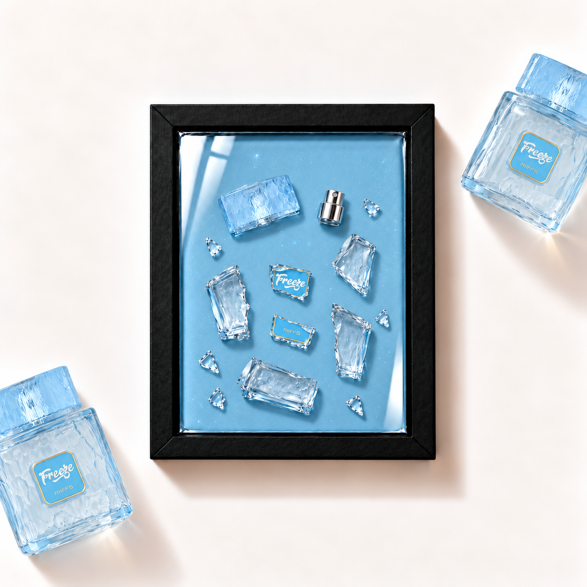 Parfemovy obraz Freeze Riiffs Perfumes v cernem ramu - ilustracni fotografie