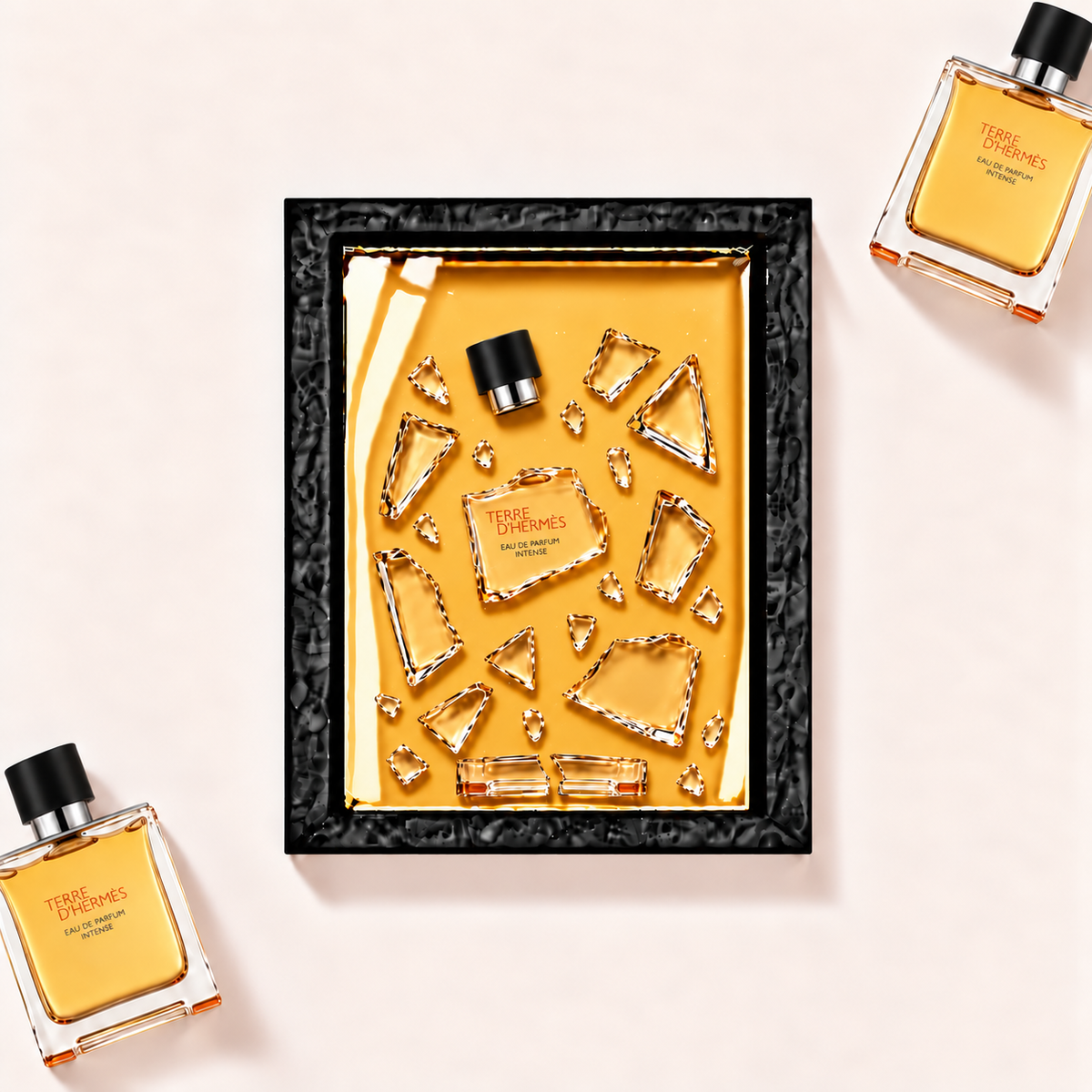 Parfemovy obraz Hermès Terre d'Hermès Intense v cernem ramu - ilustracni fotografie