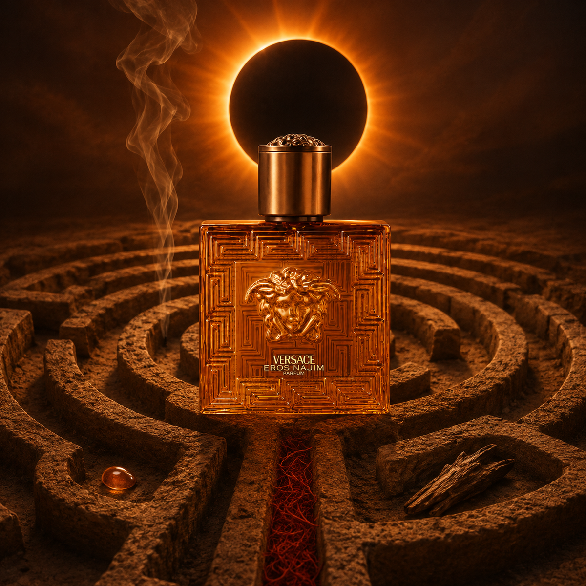 Versace Eros Najim Parfum uprostřed pískového labyrintu pod světelným kotoučem – MrRizz
