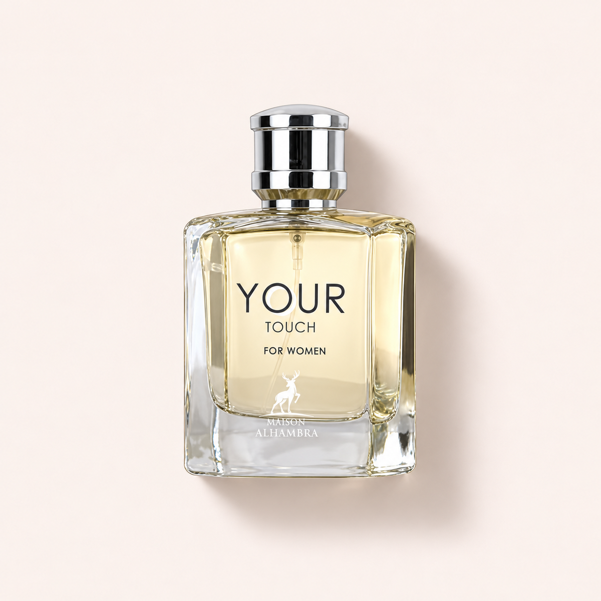 Maison Alhambra Your Touch 100 ml – flakon parfému, pohled shora na béžovém pozadí – MrRizz