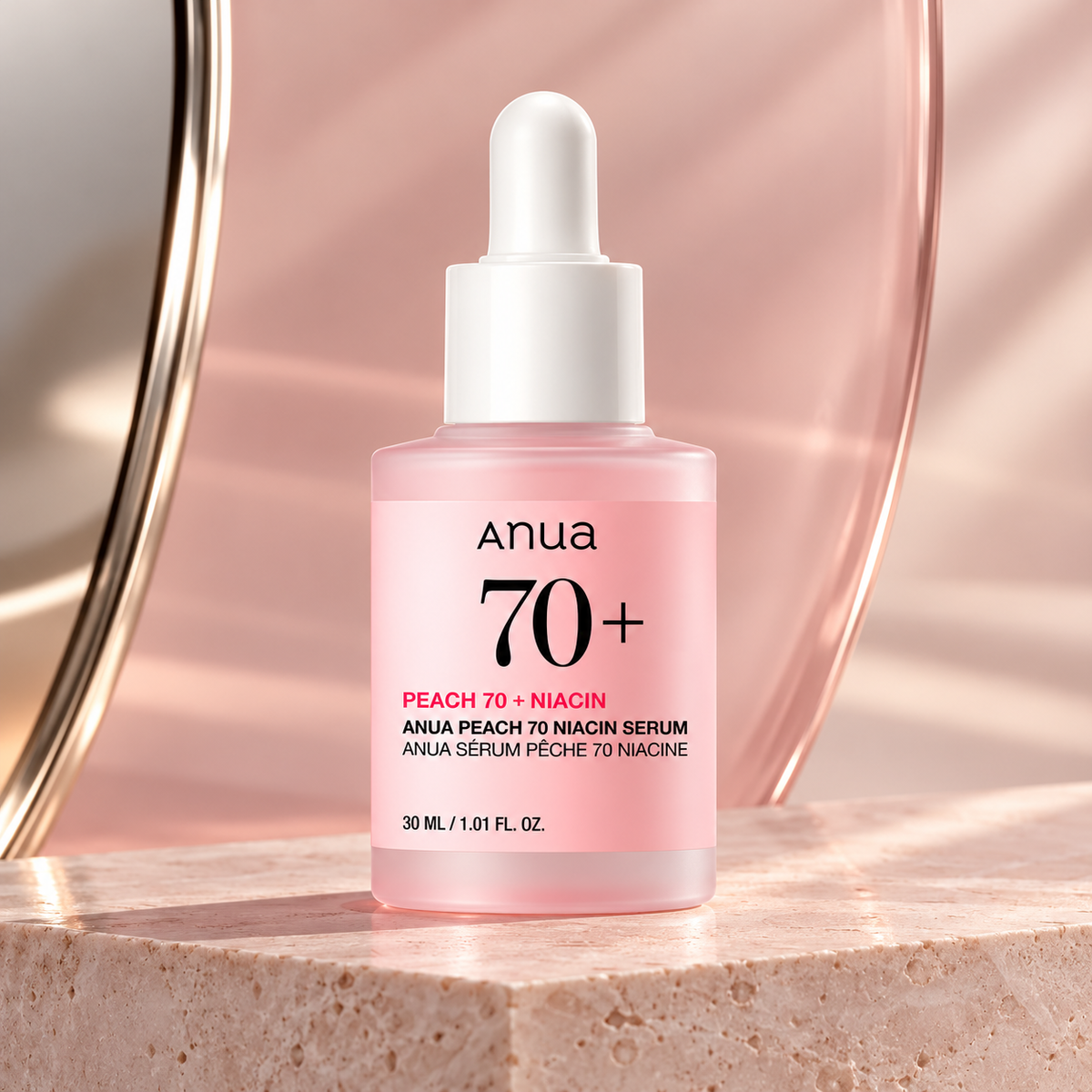 Anua Peach Niacin Serum 30 ml v jemném růžovém prostředí – MrRizz